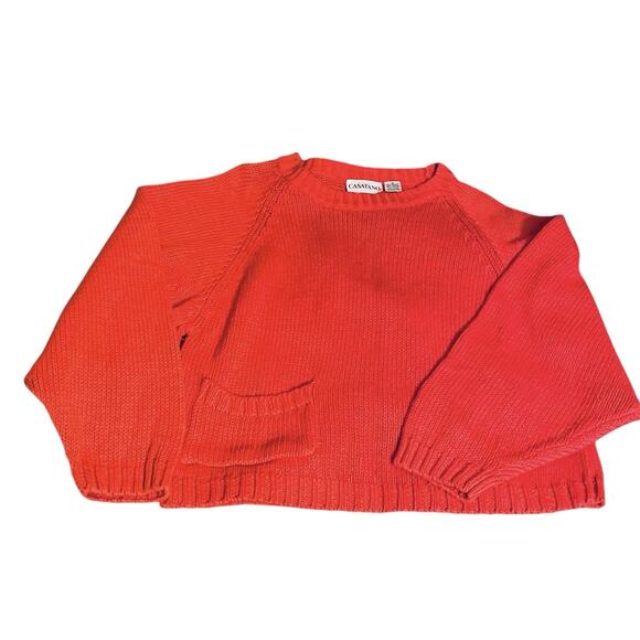 Vintage CASATANO Ramie Cotton Sweater Small Coral Orange-Red Knit Pocket 1980's - Picture 15 of 16